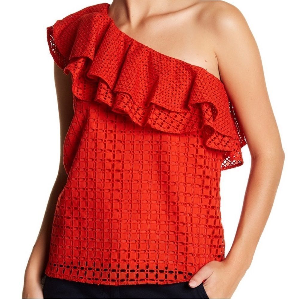 J. Crew One Shoulder Cotton Eyelet Ruffle Red Lined Top 2 Runs Medium 6/8